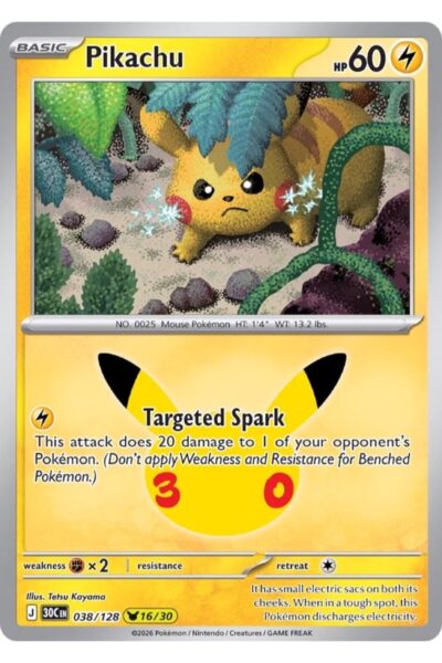 Pikachu 38/128 Pikachu Rare fra 30th Celebration, illustreret af Tetsu Kayama