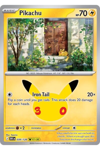Pikachu Pokémon-kort 39/128 fra 30th Celebration med Pikachu Rare-sjældenhed