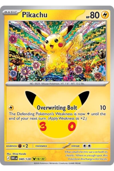 Pikachu 40/128 fra 30th Celebration, Pikachu Rare, illustreret af Shinji Kanda