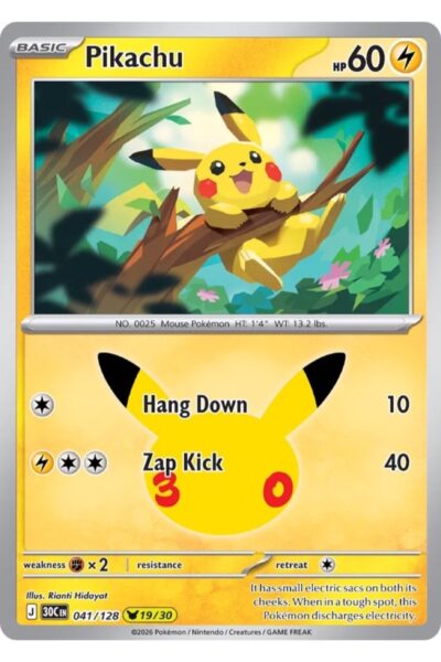 Pikachu-kort 41/128 fra 30th Celebration med sjældenheden Pikachu Rare