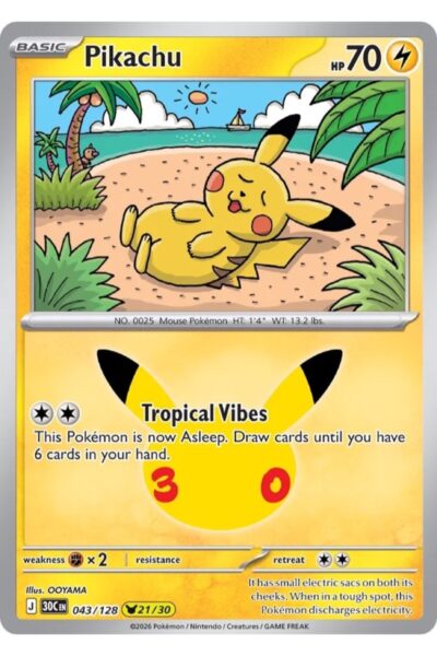 Pikachu-kort 43/128 fra 30th Celebration med Pikachu Rare-sjældenhed, illustreret af OOYAMA