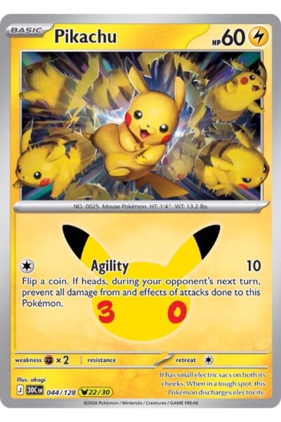 Pikachu 44/128 fra 30th Celebration, illustreret af akagi