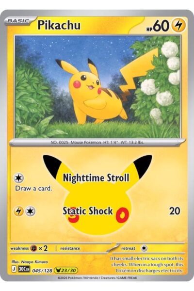 Pikachu 45/128 fra 30th Celebration, Pikachu Rare, illustreret af Naoyo Kimura