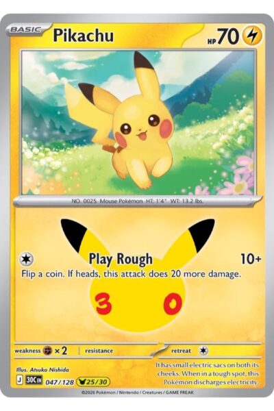 Pikachu-kort nummer 47/128 i sjældenheden Pikachu Rare fra sættet 30th Celebration