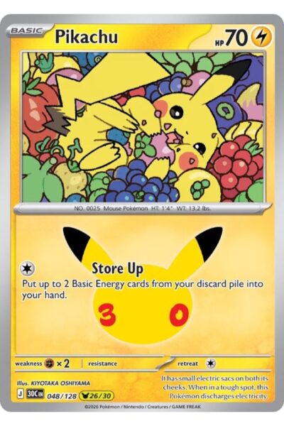 Pikachu-kort nummer 48/128 fra 30th Celebration med illustration af Kiyotaka Oshiyama