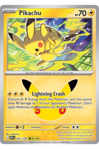 Pikachu kort 51/128 fra 30th Celebration, Pikachu Rare med illustration af nagimiso