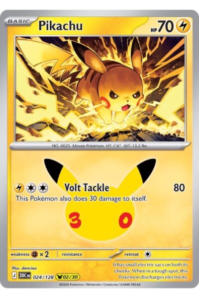 Pikachu 24/128 Pikachu Rare fra 30th Celebration, illustreret af danciao