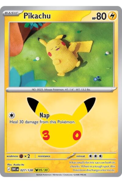 Pikachu 27/128, Pikachu Rare fra 30th Celebration, illustreret af Asako Ito