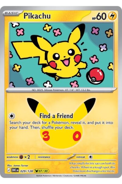 Pikachu 29/128 Pikachu Rare fra 30th Celebration, illustreret af James Turner.