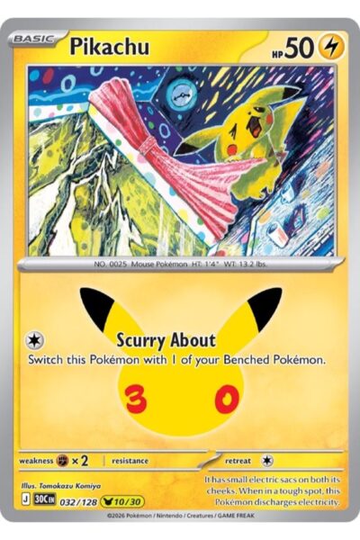 Pikachu-kort nummer 32/128 fra 30th Celebration med Pikachu Rare-sjældenhed