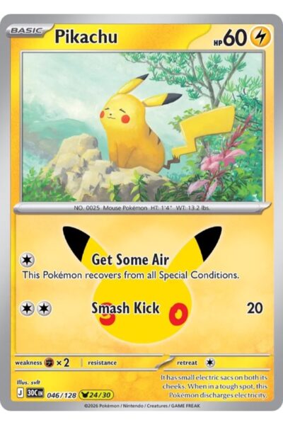 Pikachu 46/128 Pikachu Rare kort fra 30th Celebration