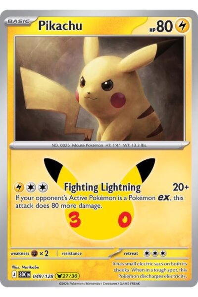 Pikachu 49/128, Pikachu Rare kort fra 30th Celebration, illustreret af Nurikabe