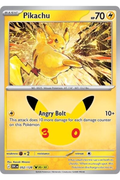Pikachu 52/128 Pikachu Rare fra 30th Celebration, illustreret af Kazuki Minami