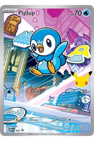 Piplup 42, promo-kort fra Mega Evolution Black Star Promos, illustreret af Saboteri