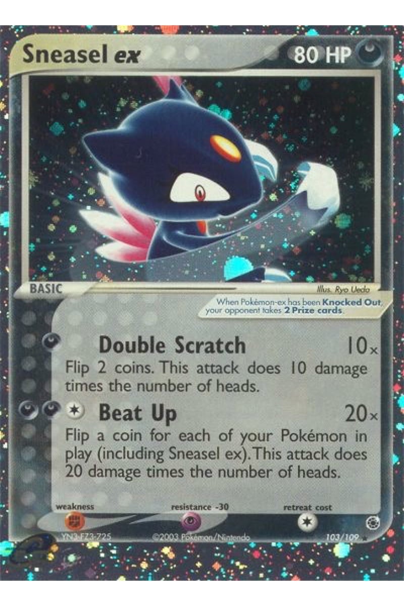 Sneasel ex 103/109 Rare Holo EX fra Ruby & Sapphire, illustreret af Ryo Ueda