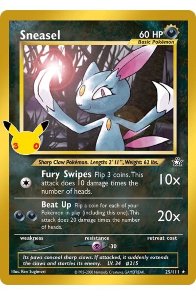 Sneasel Pokémon-kort nummer 25, Rare fra 30th Celebration: Classic Collection, illustreret af Ken Sugimori