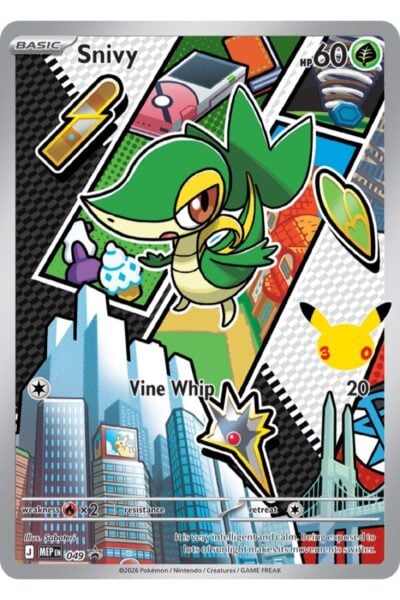 Snivy nummer 49 fra Mega Evolution Black Star Promos, Grass-type basis-Pokémon illustreret af Saboteri