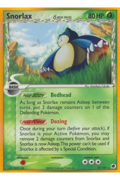 Snorlax δ 10/101 Rare Holo fra Dragon Frontiers, Grass-element delta species-kort