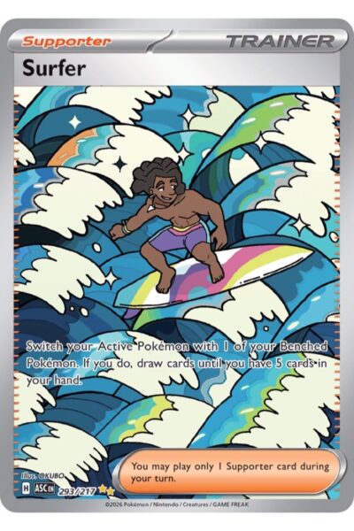 Surfer 293/217, Special Illustration Rare Trainer-kort fra Ascended Heroes med illustration af OKUBO