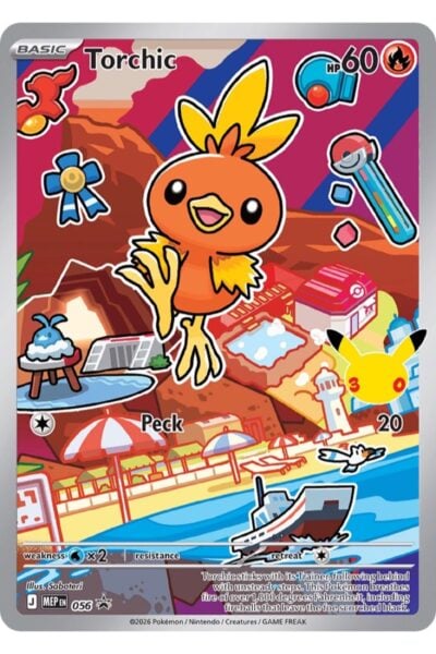 Torchic nummer 56 fra Mega Evolution Black Star Promos, illustreret af Saboteri