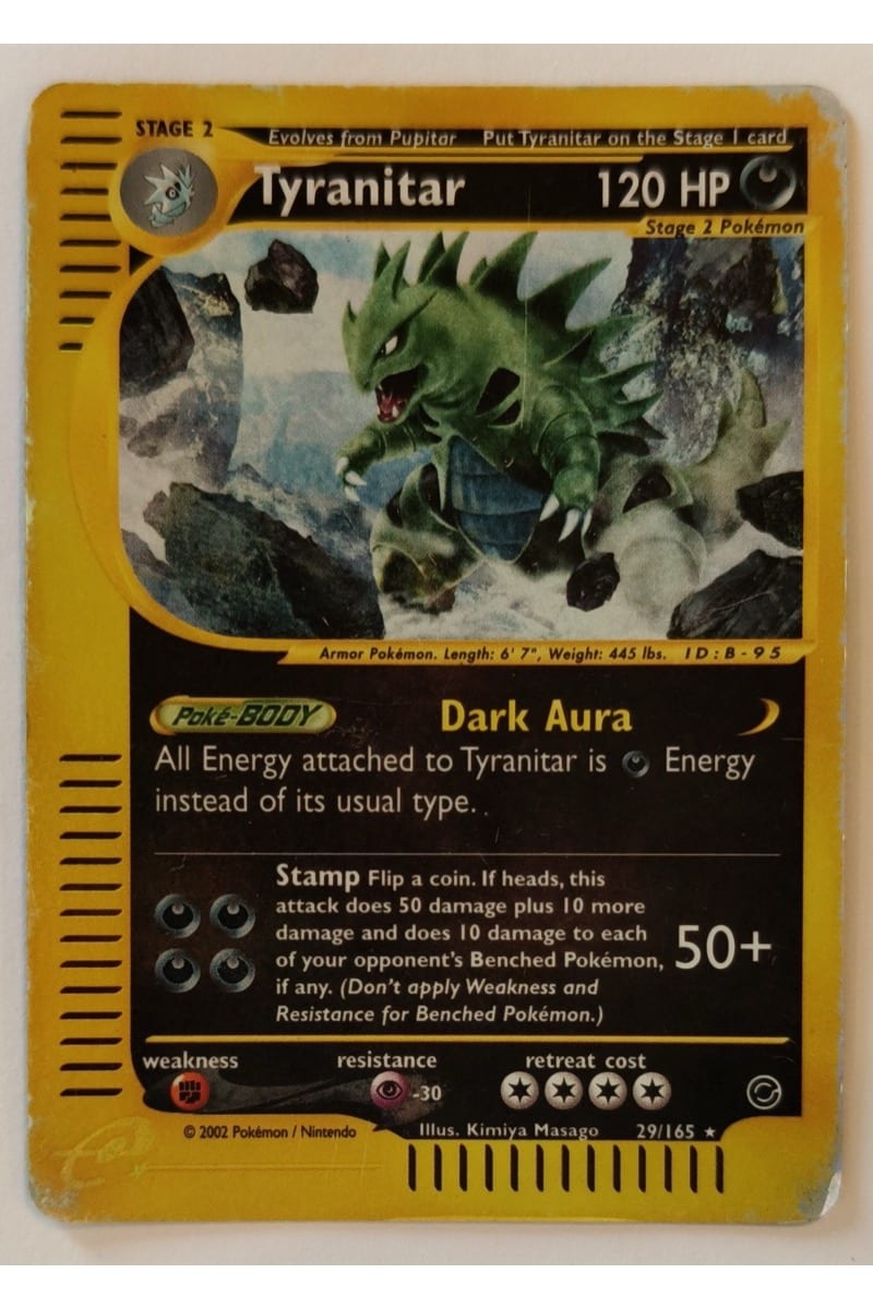 Tyranitar 29/165 Rare Holo-kort fra Expedition Base Set, illustreret af Kimiya Masago