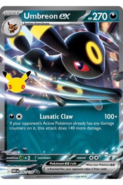Umbreon ex, nummer 92/128, Double Rare fra 30th Celebration, illustreret af Keisuke Azuma