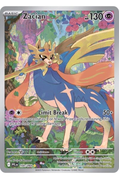 Zacian 100/94 Illustration Rare fra Phantasmal Flames, illustreret af Yoriyuki Ikegami