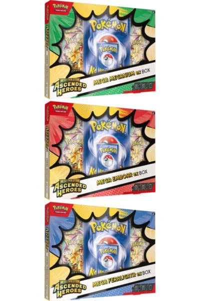 Ascended Heroes Mega Meganium ex, Mega Emboar ex og Mega Feraligatr ex Box – vælg én boks