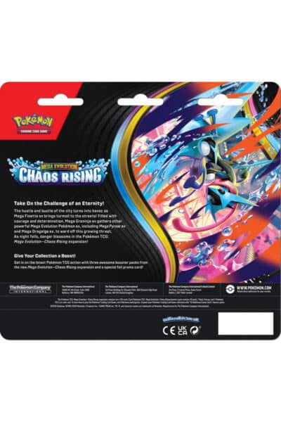 Bagsiden af Chaos Rising blister med 3 boosterpakker og Charmeleon