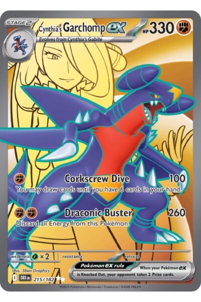 Cynthia's Garchomp ex fra Destined Rivals, nummer 215/182, Ultra Rare illustreret af 5ban Graphics.