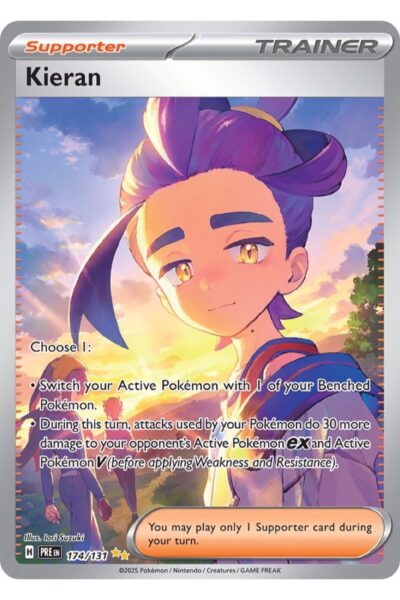 Kieran 174/131 Special Illustration Rare fra Prismatic Evolutions, Supporter-trænerkort med fuld-kunst illustration