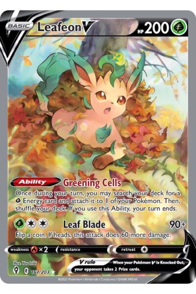 Leafeon V, fuld-kunst Pokémon-kort fra Evolving Skies, nummer 167/203