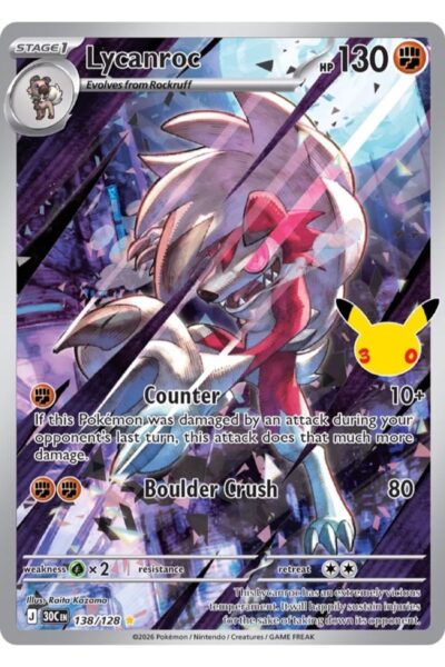 Lycanroc 138/128 Illustration Rare fra 30th Celebration, illustreret af Raita Kazama