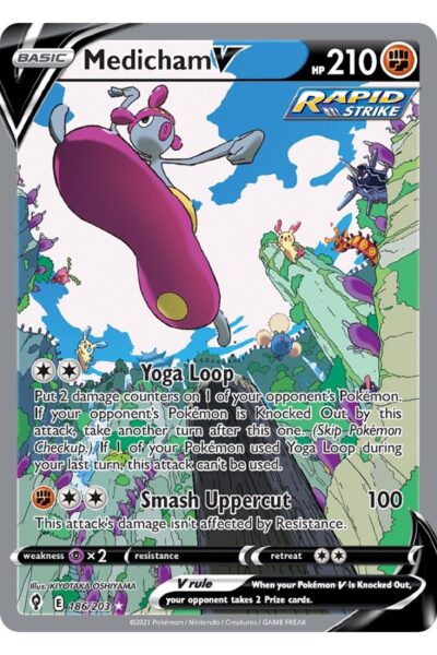 Medicham V, 186/203, Rare Ultra fra Evolving Skies, illustreret af KIYOTAKA OSHIYAMA