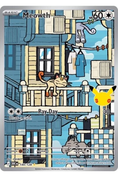 Meowth 144/128 Illustration Rare fra 30th Celebration med illustration af OKUBO