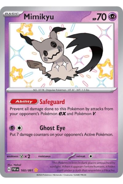 Mimikyu 160/91, Shiny Rare fra Paldean Fates, illustreret af Nelnal