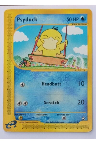 Psyduck 104/147 Common fra Aquapolis, Pokémon TCG-kort illustreret af Keiko Fukuyama