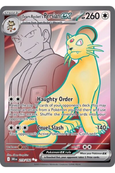 Team Rocket's Persian ex 219/182 Ultra Rare fra Destined Rivals, illustreret af 5ban Graphics
