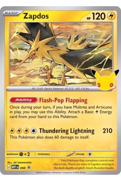Zapdos #98 fra Mega Evolution Black Star Promos, illustreret af Sie Nanahara