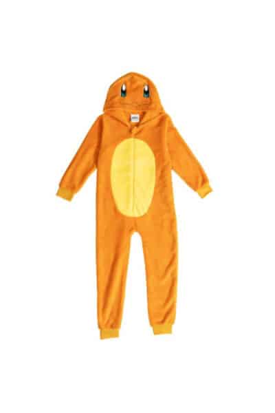 Orange Charizard onesie med hætte og hale til børn på 6–8 år