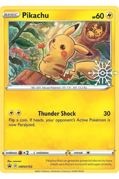 Pikachu SWSH153 fra SWSH Black Star Promos med hvidt snefnugstempel