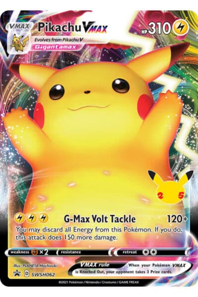 Pikachu VMAX SWSH062 – engelsk promokort med 25-årslogo