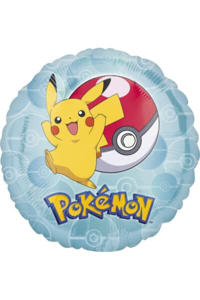 Rund blå Pokémon folieballon med Pikachu og Poké Ball, 43 cm
