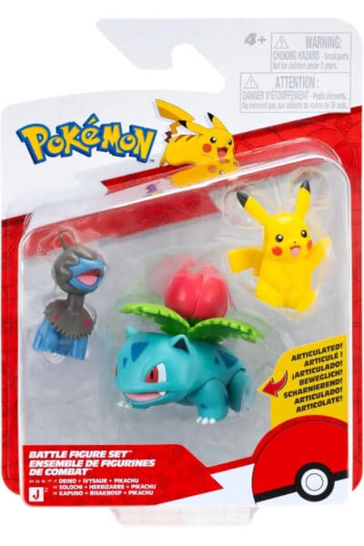 Pokémon 3-pak med Ivysaur, Deino og Pikachu i emballage
