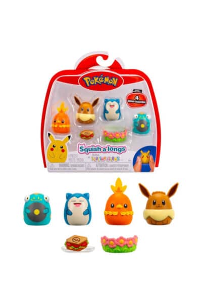 Pokémon Squish-a-longs 4-pak med Eevee, Snorlax, Torchic og Bellibolt samt to tilbehørsdele