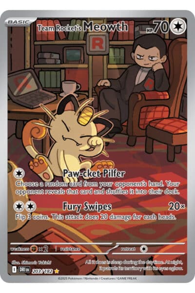 Team Rocket's Meowth 203/182 fra Destined Rivals – officiel Scrydex-forside