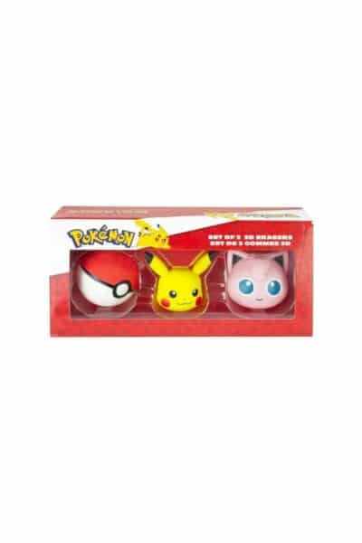 3 viskelædere som Pikachu, Jigglypuff og en Pokéball